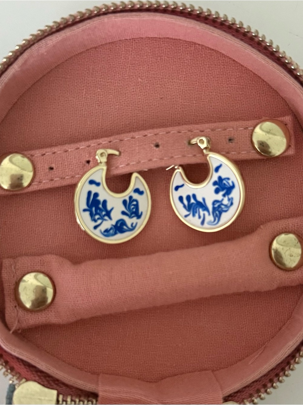 Ana Luisa Blue & White Floral Enamel Hoop Earrings - Gold Trim - Picture 3 of 4